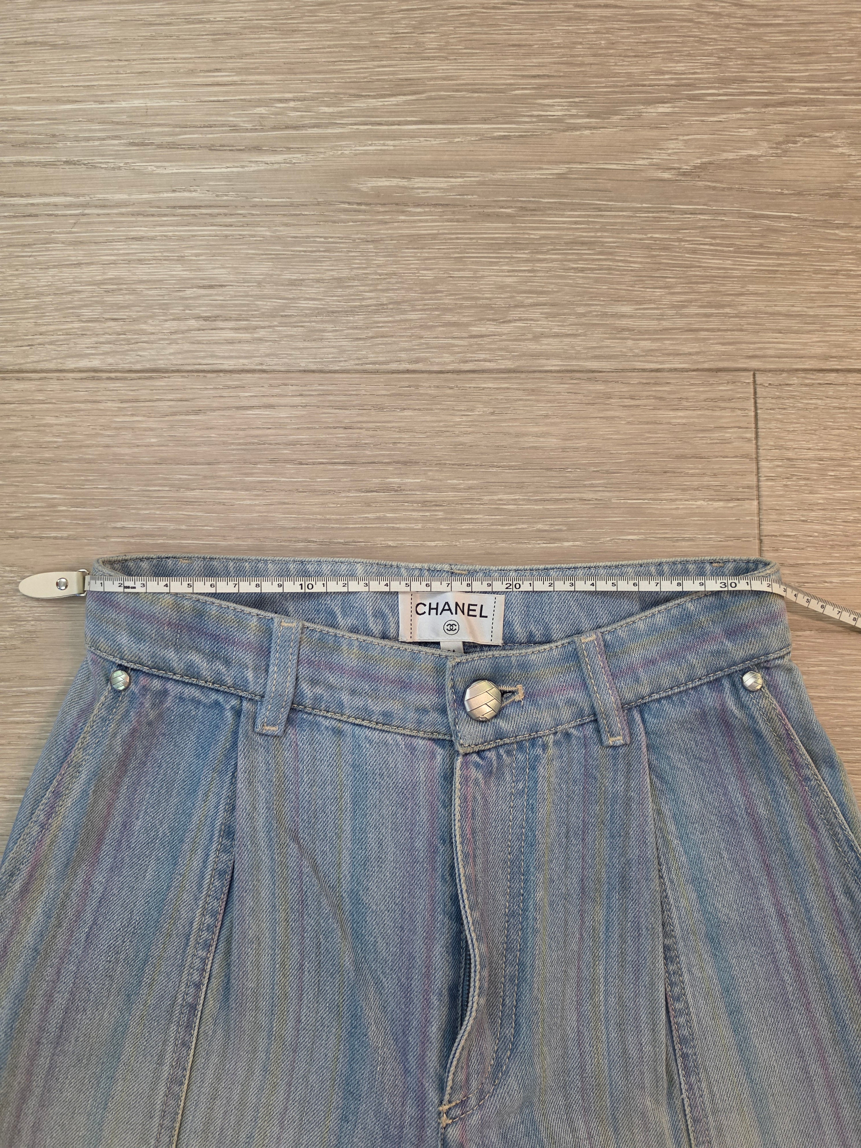 Chanel Striped Wide Leg Denim Jeans Pants Size 36 Pre Owned