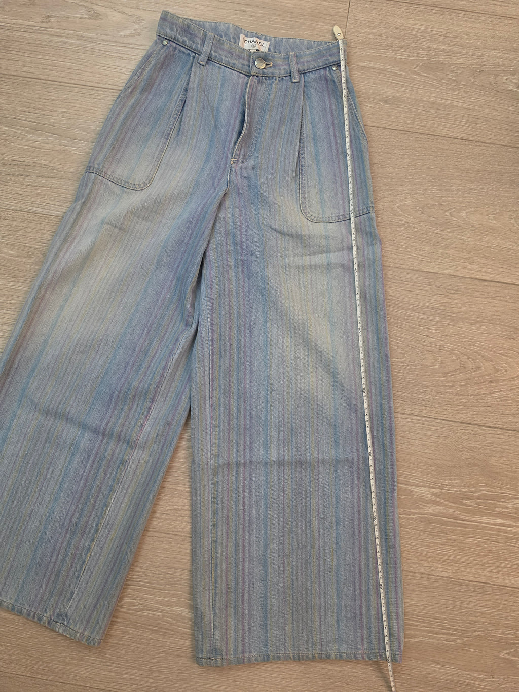 Chanel Striped Wide Leg Denim Jeans Pants Size 36 Pre Owned