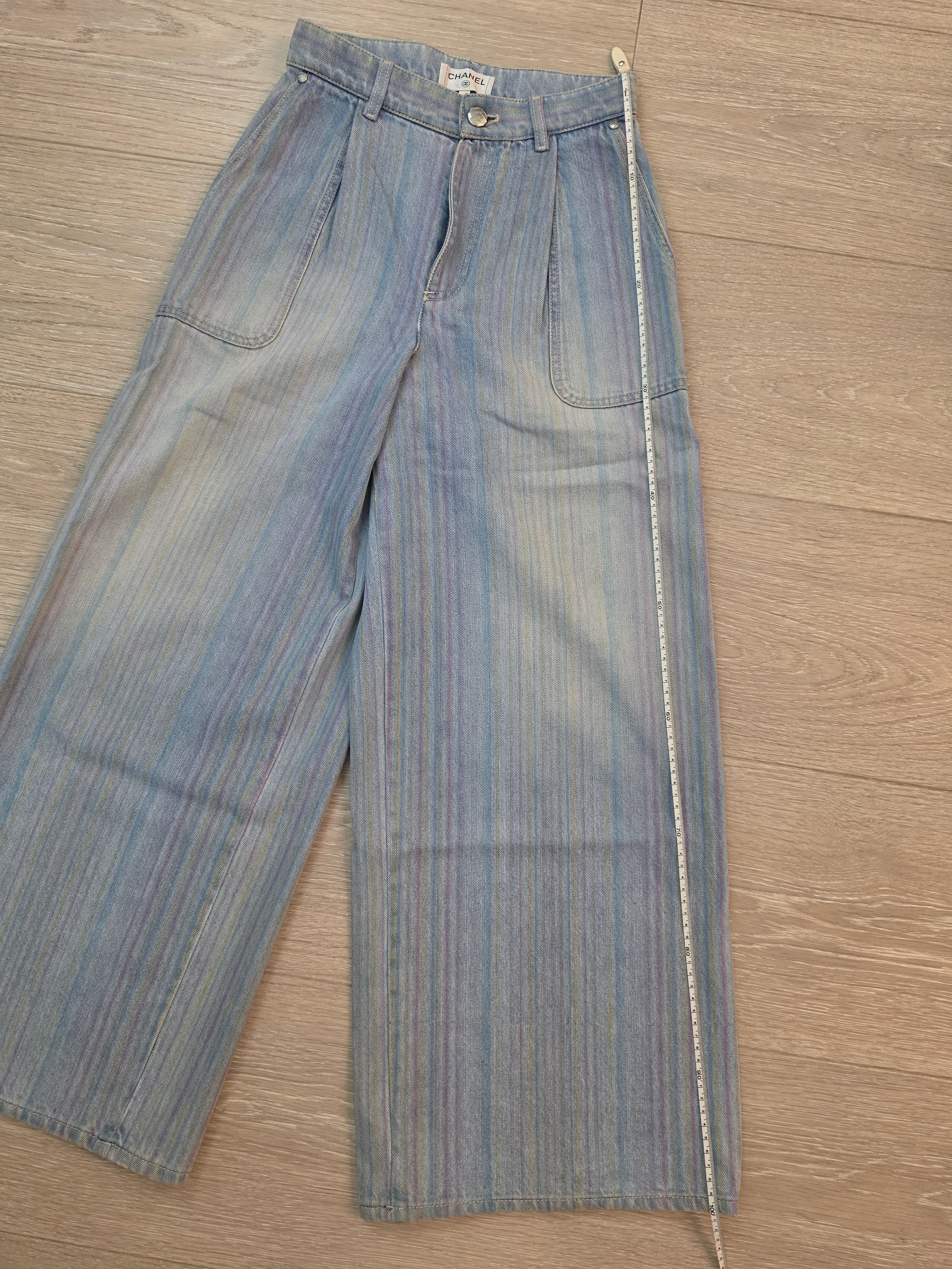Chanel Striped Wide Leg Denim Jeans Pants Size 36 Pre Owned
