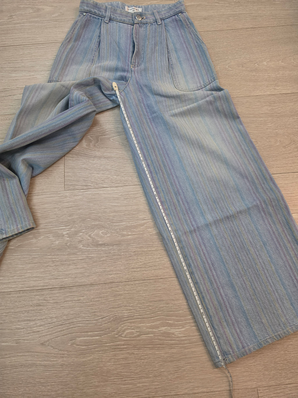 Chanel Striped Wide Leg Denim Jeans Pants Size 36 Pre Owned