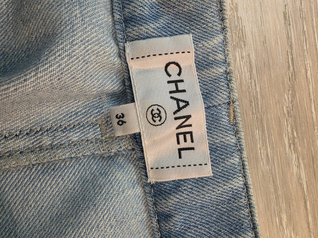 Chanel Striped Wide Leg Denim Jeans Pants Size 36 Pre Owned