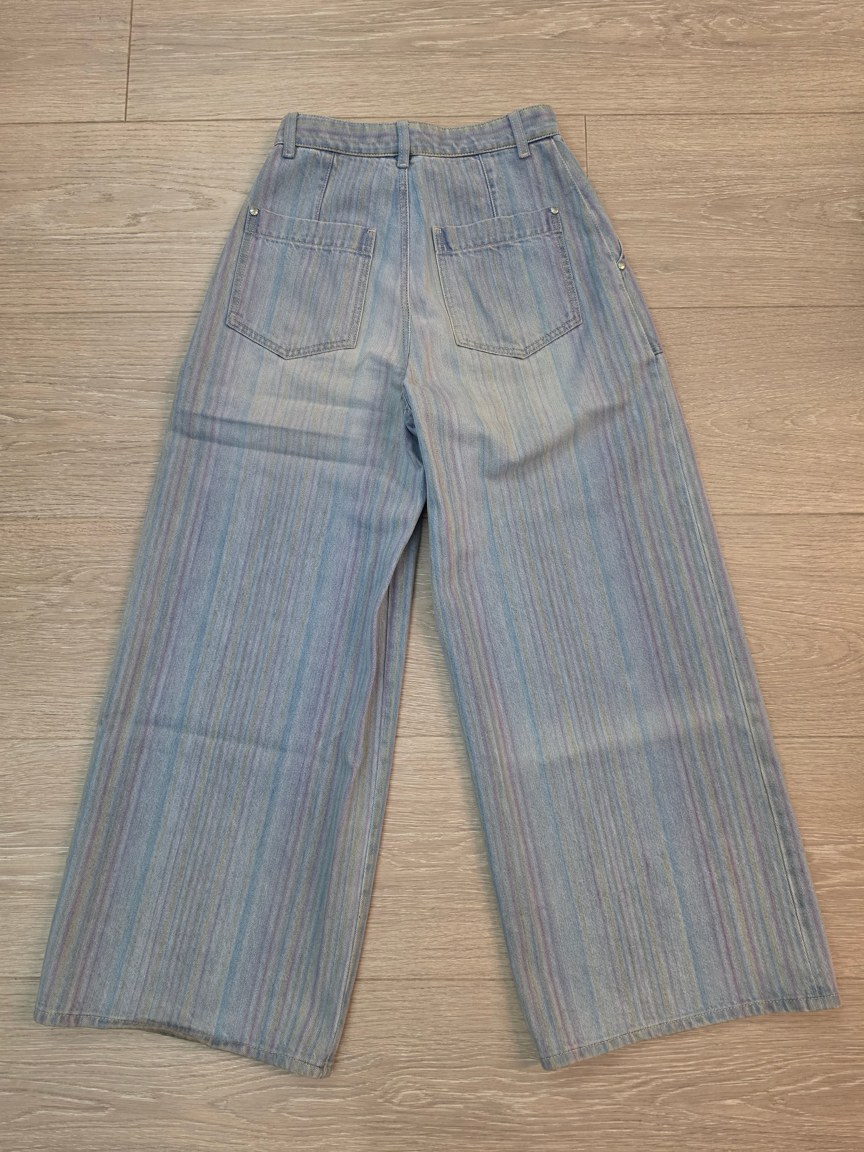 Chanel Striped Wide Leg Denim Jeans Pants Size 36 Pre Owned